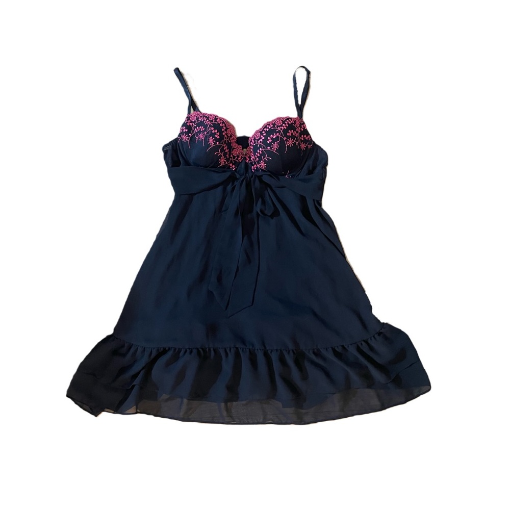 Lingerie slip dress, sheer black with pink lace detailing